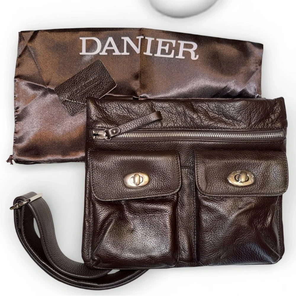 Danier Dark Brown Pebbled Leather Crossbody Bag Adjustable Strap Multi Pocket